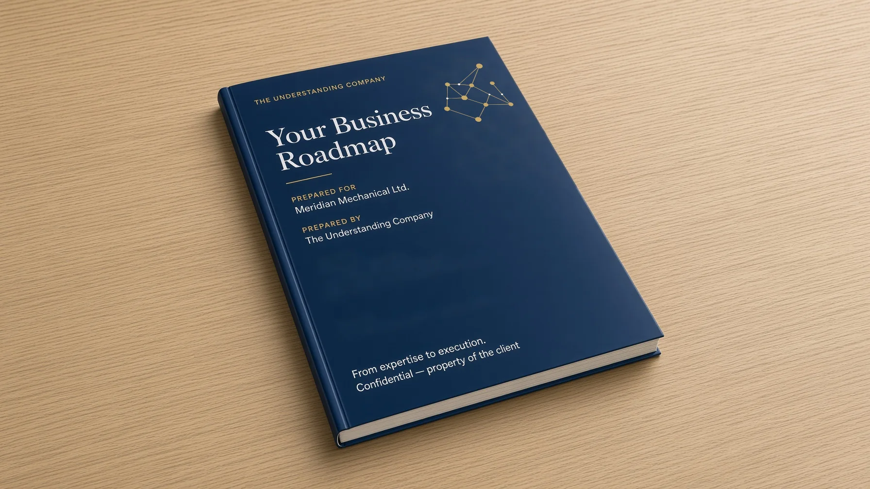 A sample Business Roadmap: a navy hardcover titled “Your Business Roadmap” with the gold Understanding Co. constellation mark, prepared for Meridian Mechanical Ltd. (a fictional company), on a pale oak desk.
