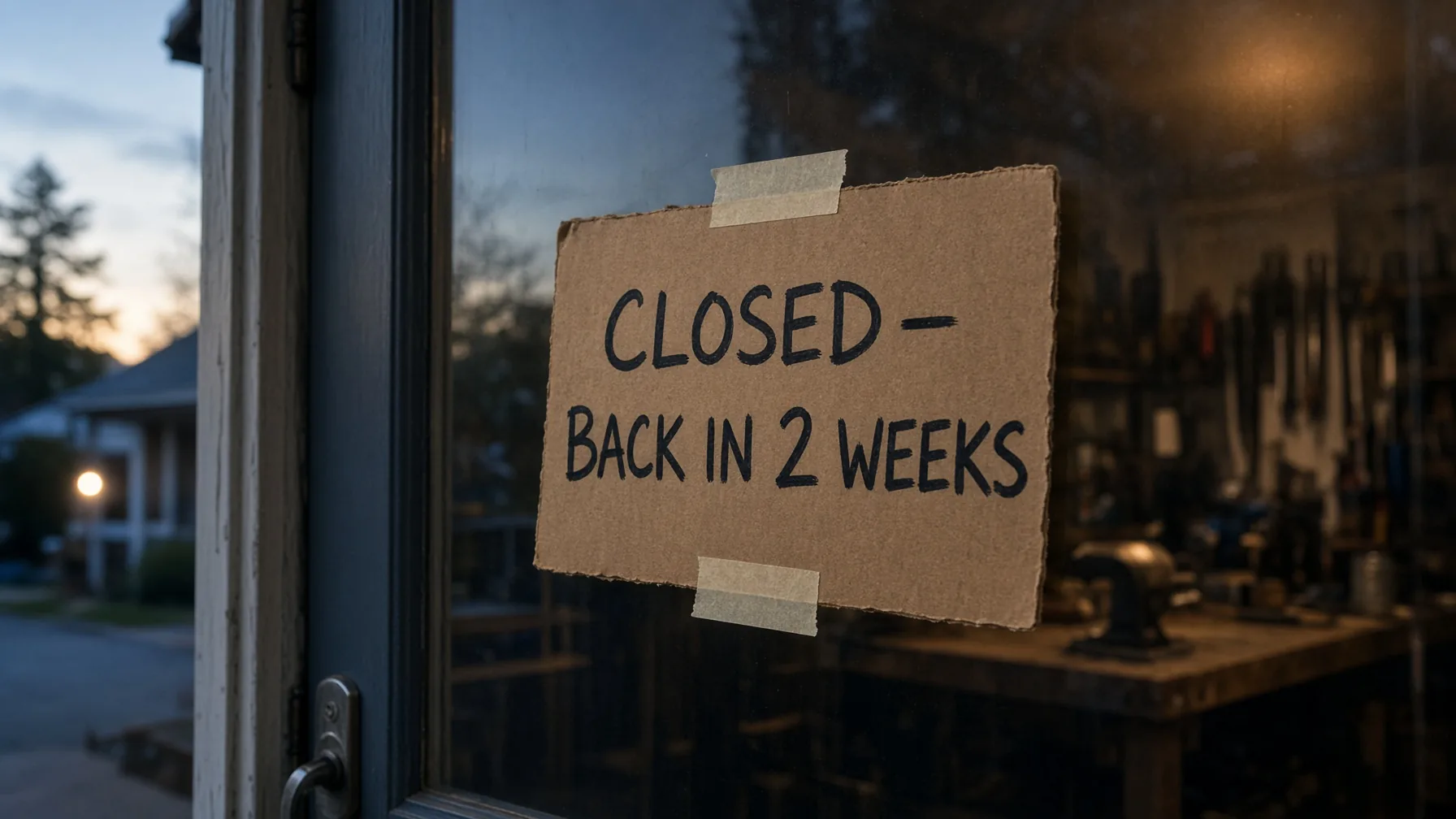 A hand-lettered cardboard sign taped to a workshop door at dusk: “Closed — back in 2 weeks.” The shop is dark behind the glass.